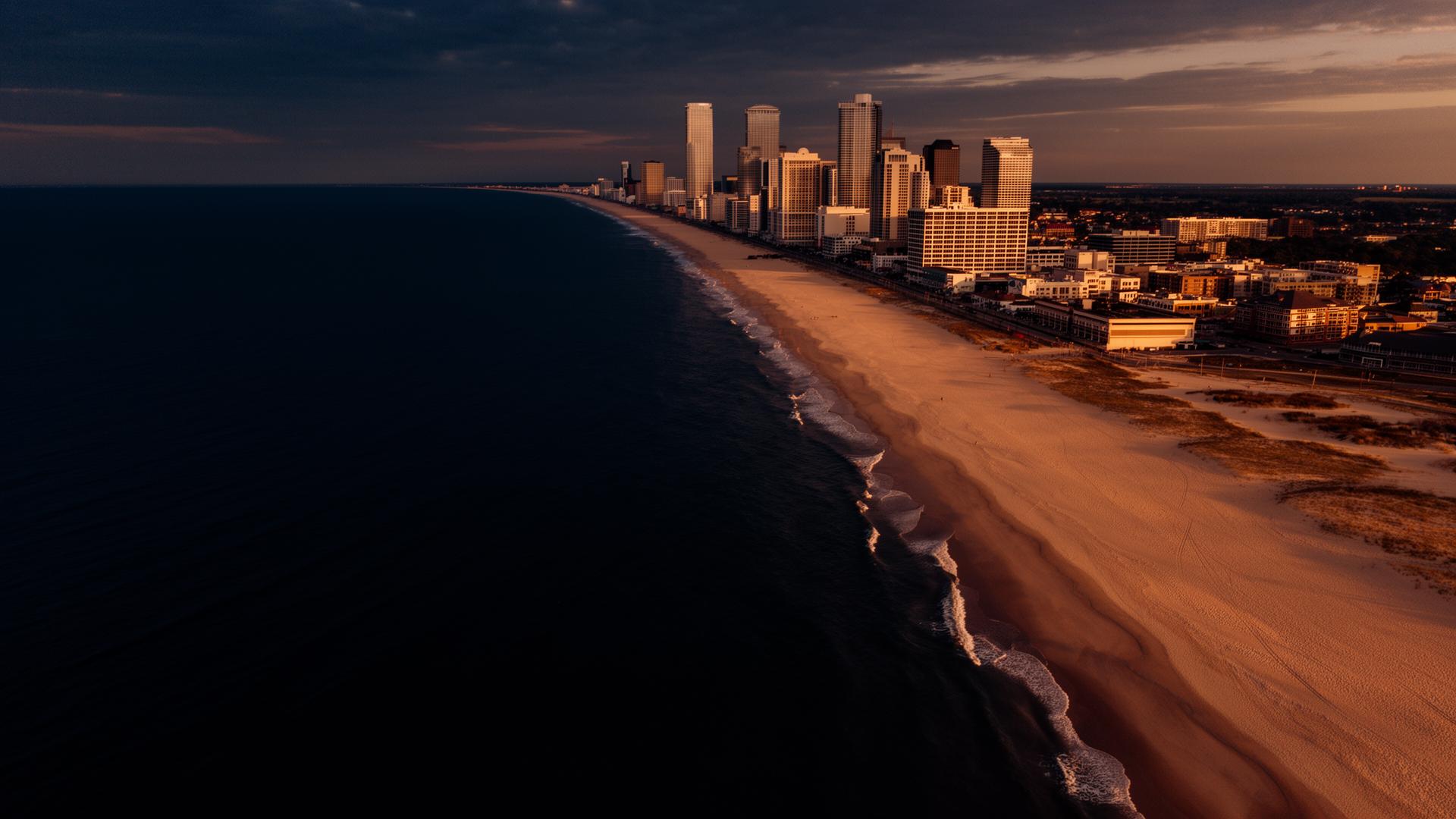 Aerial drone view of the Virginia Beach coastline at sunset